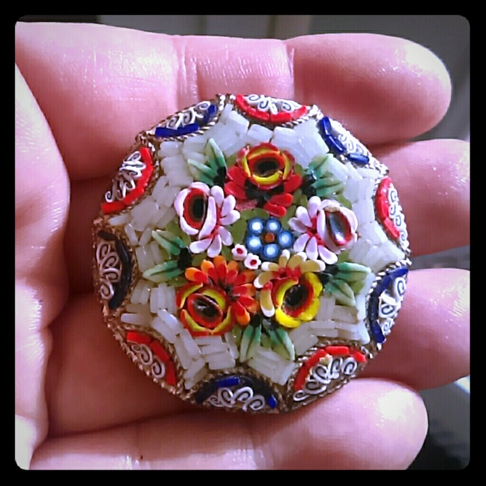 Vintage Round Floral Micro Mosaic Brooch